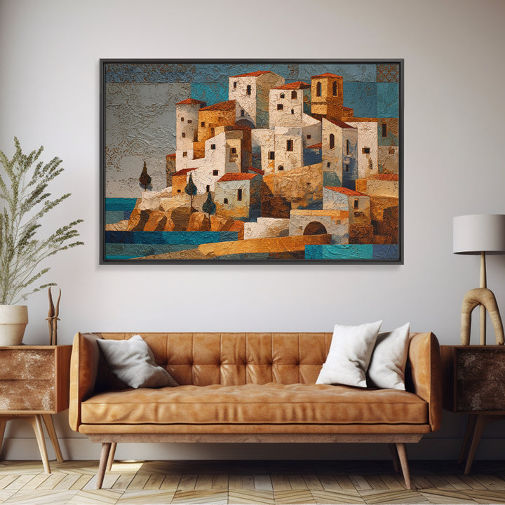 Greek Island White Buildings Above Blue Sea Canvas Print, Mediterranean Art, Digital Art Prints, Living Room Decor, Azure, MAR-3x2-29