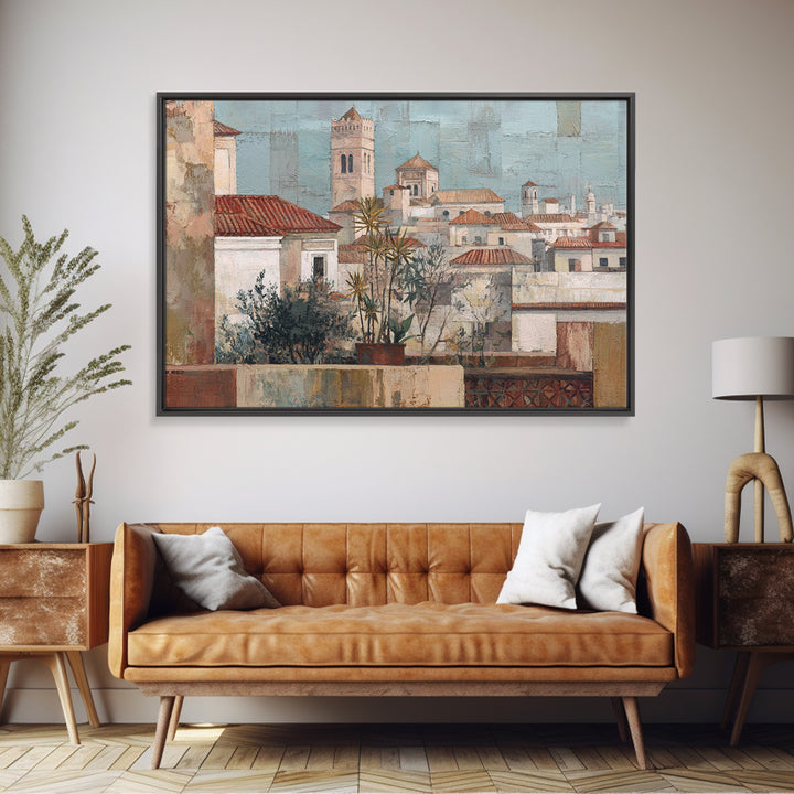Sunset over Red Tiled Rooftops Canvas Print, Mediterranean Art, Original Painting, Living Room Decor, Fine Art, Azure, MAR-3x2-3