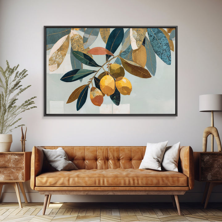 Olive Branch and Lemons on Terracotta Ground Canvas Print, Mediterranean Art, Horizontal Wall Art, Living Room Decor, Azure, MAR-3x2-30
