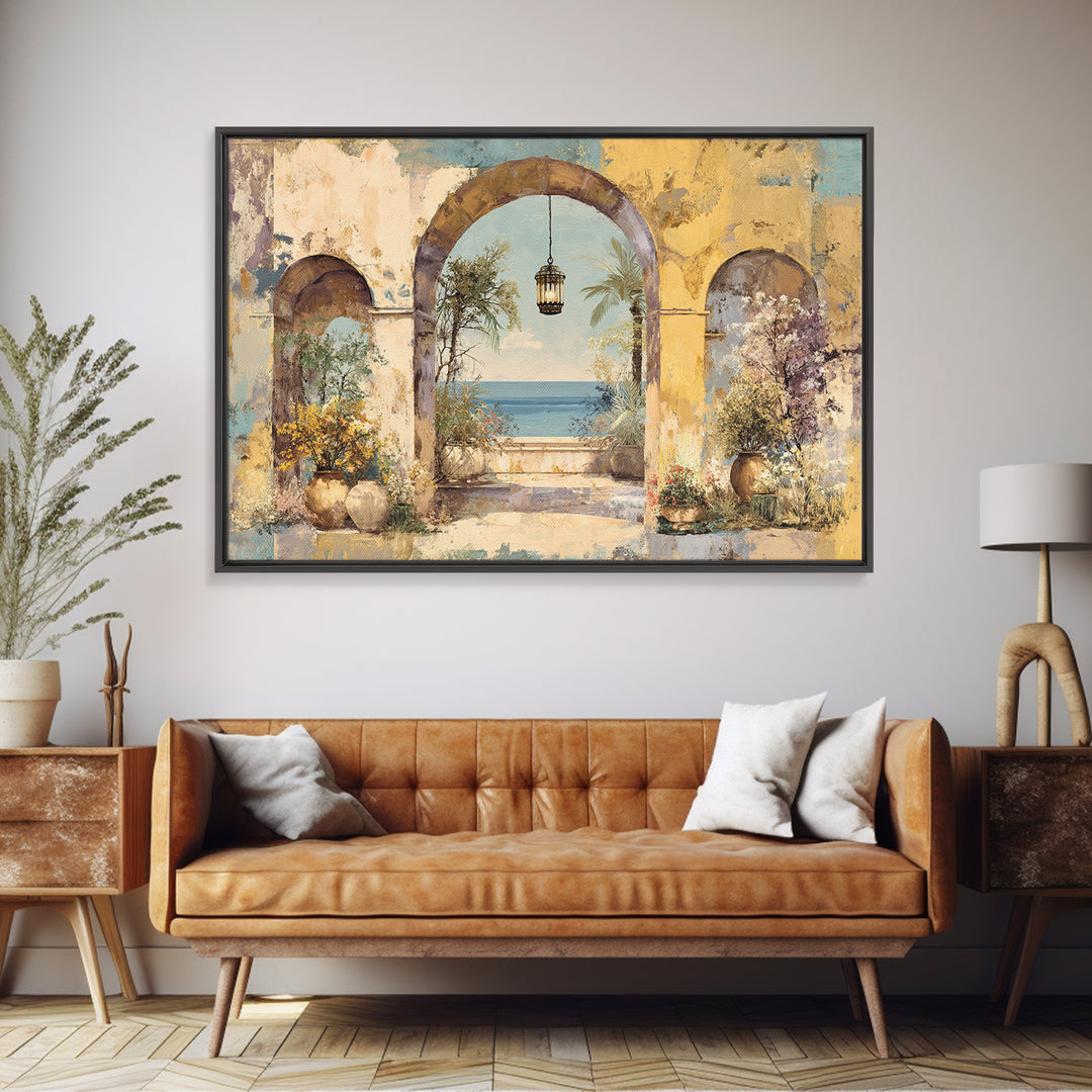 Mediterranean Arch Framing Ocean Horizon Canvas Print, Mediterranean Art, Modern Wall Art, Living Room Decor, Azure, MAR-3x2-31