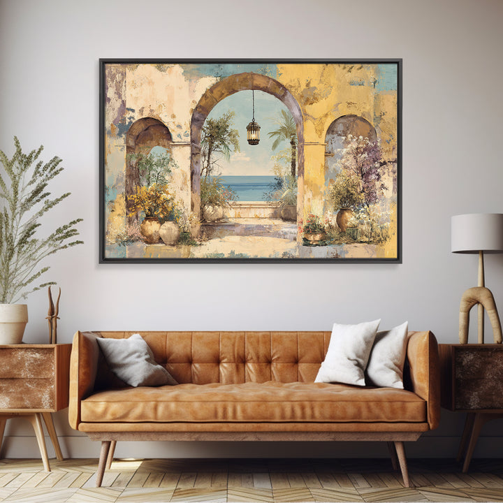 Mediterranean Arch Framing Ocean Horizon Canvas Print, Mediterranean Art, Modern Wall Art, Living Room Decor, Azure, MAR-3x2-31
