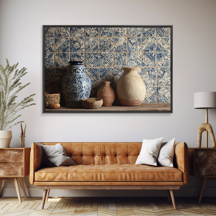 Blue and White Tile Pattern Canvas Print, Mediterranean Art, Printable Art, Living Room Decor, Azure, Minimalist Wall Art, MAR-3x2-32