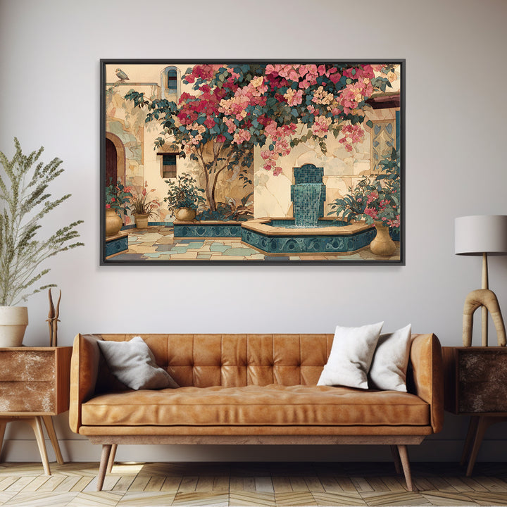 Bougainvillea Cascading over Stone Wall Canvas Print, Mediterranean Art, Watercolor Painting, Living Room Decor, Azure, MAR-3x2-33