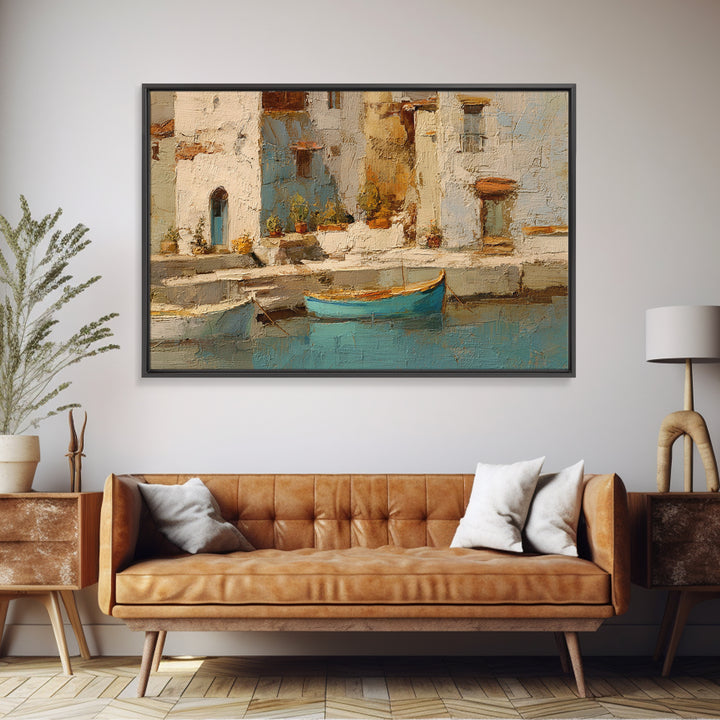 Coastal Fishing Boats Framed Canvas Print, Mediterranean Art, Nautical Decor, Living Room Decor, Azure, Coastal Wall Decor, MAR-3x2-35