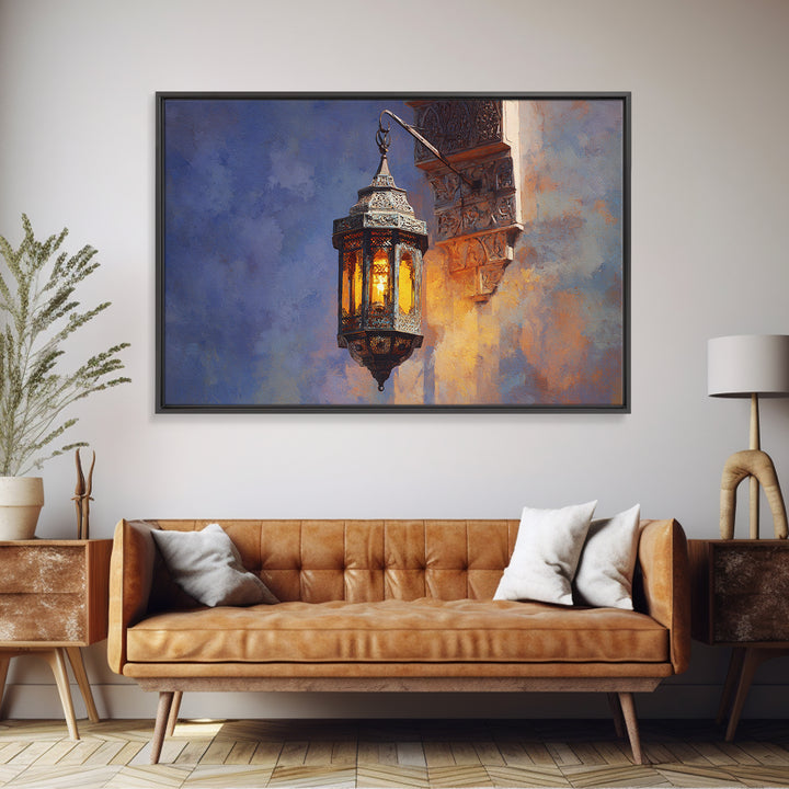 Moroccan Influenced Lantern Canvas Print, Mediterranean Art, Modern Wall Art, Living Room Decor, Oil Painting, Azure, MAR-3x2-37
