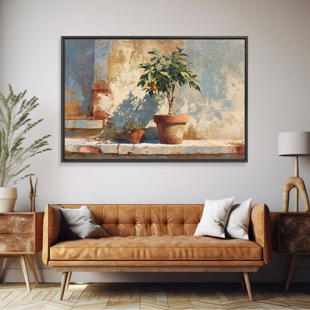 Citrus Tree in Clay Pot Canvas Print, Mediterranean Art, Digital Print, Living Room Decor, Fine Art, Azure, Coastal Decor, MAR-3x2-38