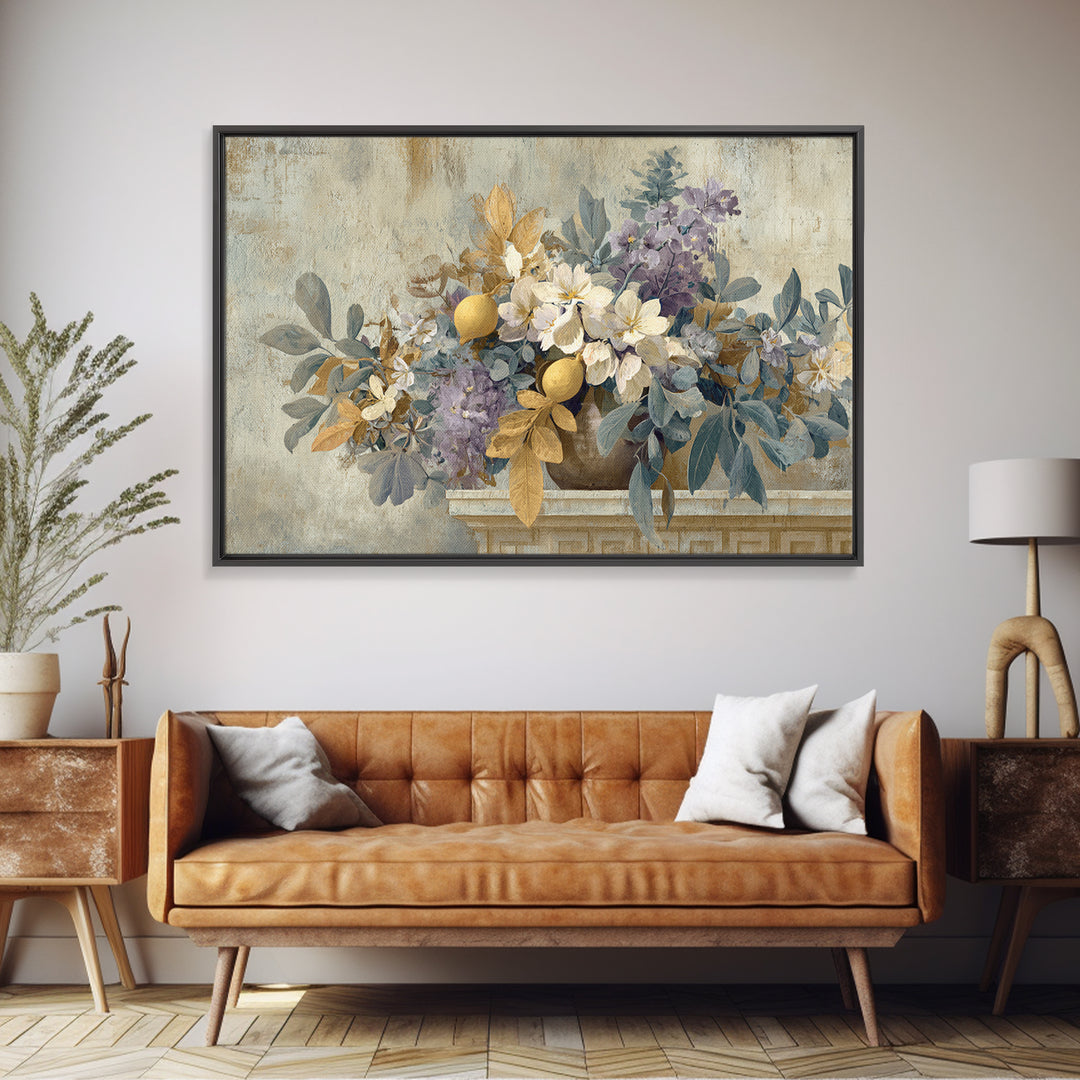 Greek Vase Modern Floral Design Canvas Print, Mediterranean Art, Digital Art Prints, Living Room Decor, Fine Art, Azure, MAR-3x2-43