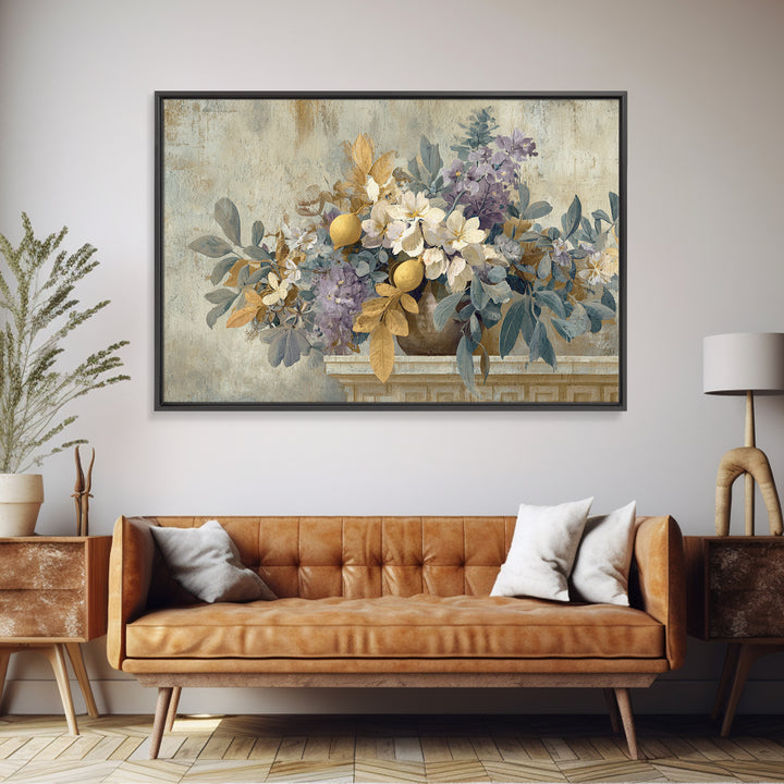 Greek Vase Modern Floral Design Canvas Print, Mediterranean Art, Digital Art Prints, Living Room Decor, Fine Art, Azure, MAR-3x2-43