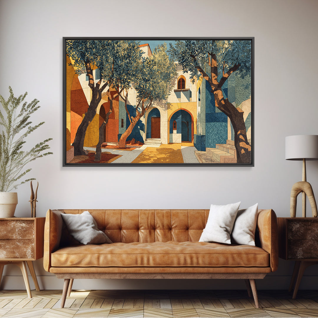 Olive Grove under Pale Morning Light Framed Canvas Print, Mediterranean Art, Nautical Decor, Living Room Decor, Fine Art, Azure, MAR-3x2-45