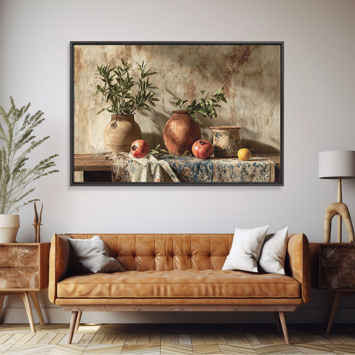 Pomegranate Still Life Framed Canvas Print, Mediterranean Art, Living Room Art, Living Room Decor, Oil Painting, Azure, MAR-3x2-47