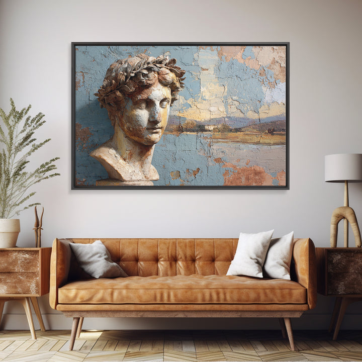Roman Statue Bust Framed Canvas Print, Mediterranean Art, Farmhouse Decor, Living Room Decor, Oil Painting, Azure, MAR-3x2-50