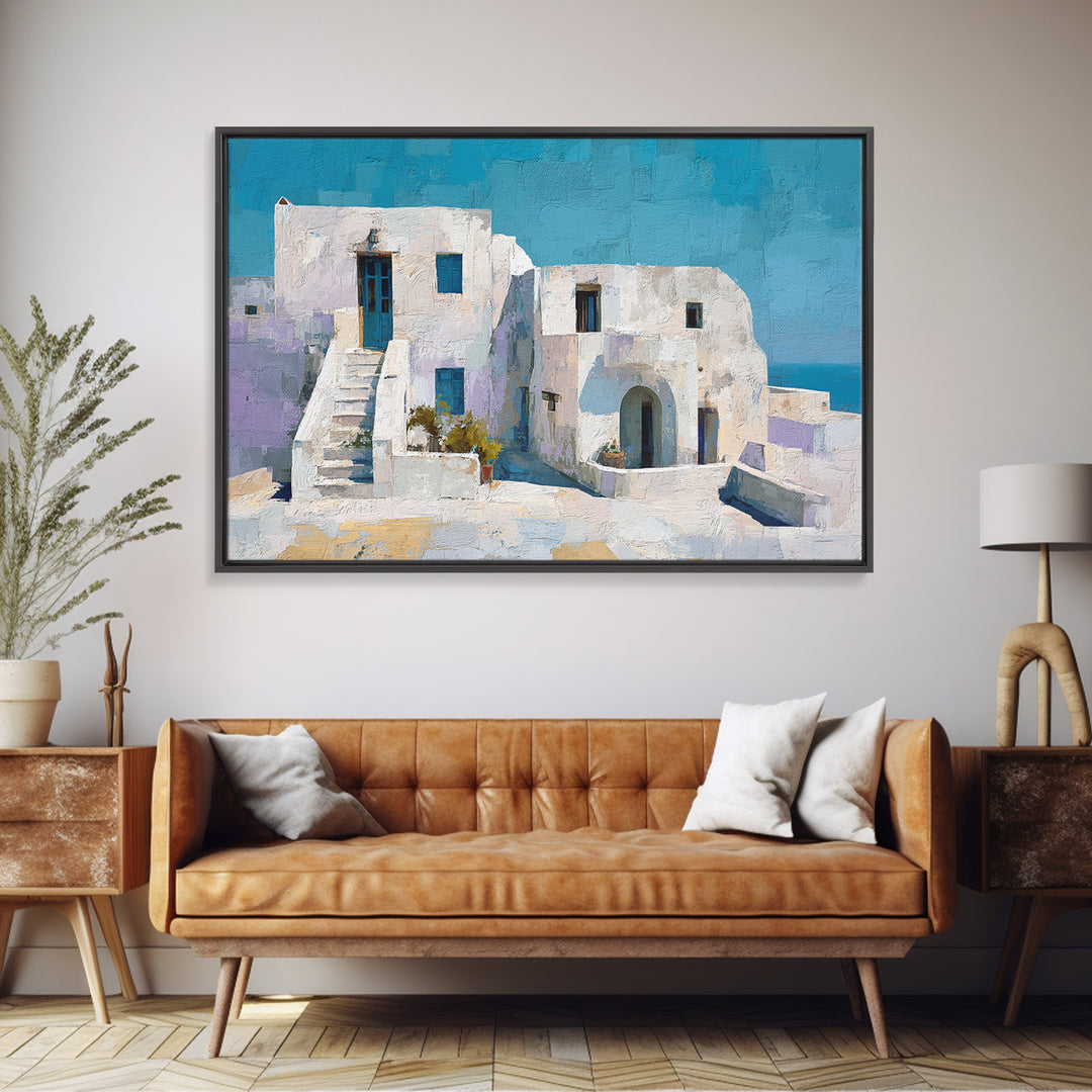 Greek Island White Buildings Above Blue Sea Canvas Print, Mediterranean Art, Digital Art Prints, Living Room Decor, Azure, MAR-3x2-53