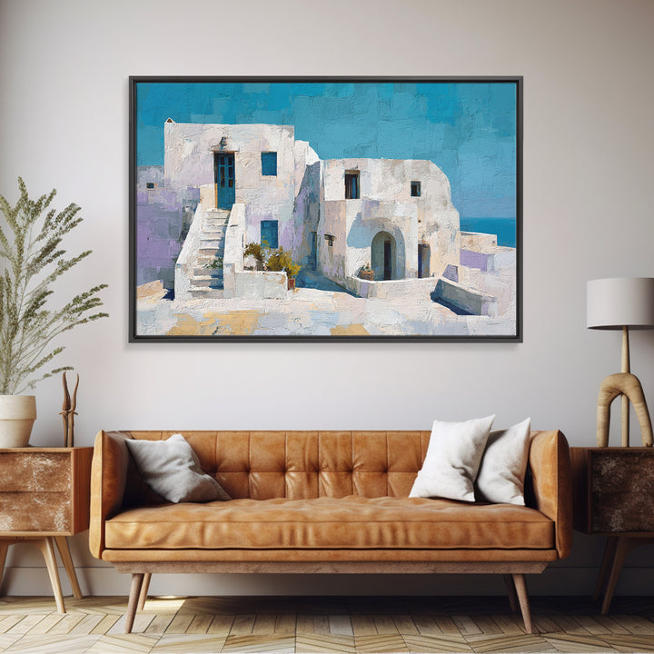 Greek Island White Buildings Above Blue Sea Canvas Print, Mediterranean Art, Digital Art Prints, Living Room Decor, Azure, MAR-3x2-53