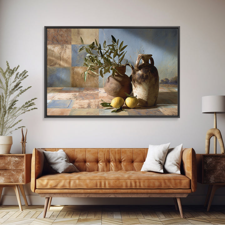 Olive Branch and Lemons on Terracotta Ground Canvas Print, Mediterranean Art, Horizontal Wall Art, Living Room Decor, Azure, MAR-3x2-54