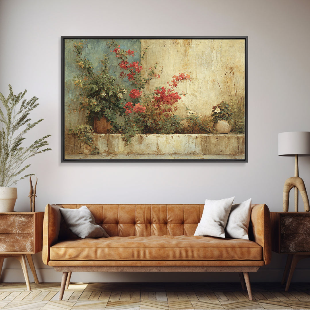 Bougainvillea Cascading over Stone Wall Canvas Print, Mediterranean Art, Watercolor Painting, Living Room Decor, Azure, MAR-3x2-57