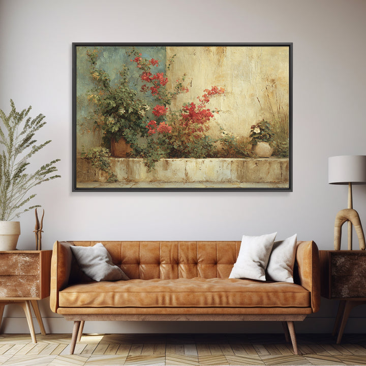 Bougainvillea Cascading over Stone Wall Canvas Print, Mediterranean Art, Watercolor Painting, Living Room Decor, Azure, MAR-3x2-57