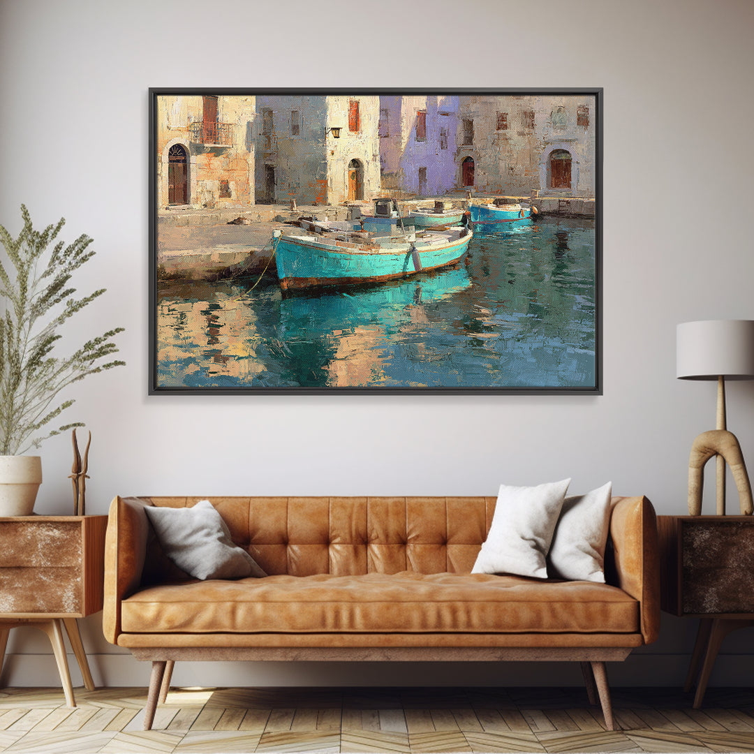 Coastal Fishing Boats Framed Canvas Print, Mediterranean Art, Beach Prints, Living Room Decor, Oil Painting, Azure, Art Print, MAR-3x2-59