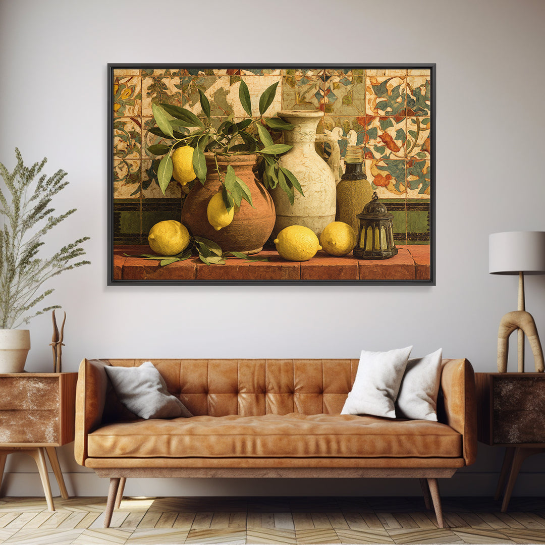 Olive Branch and Lemons on Terracotta Ground Framed Canvas Print, Mediterranean Art, Large Wall Art, Living Room Decor, Azure, MAR-3x2-6