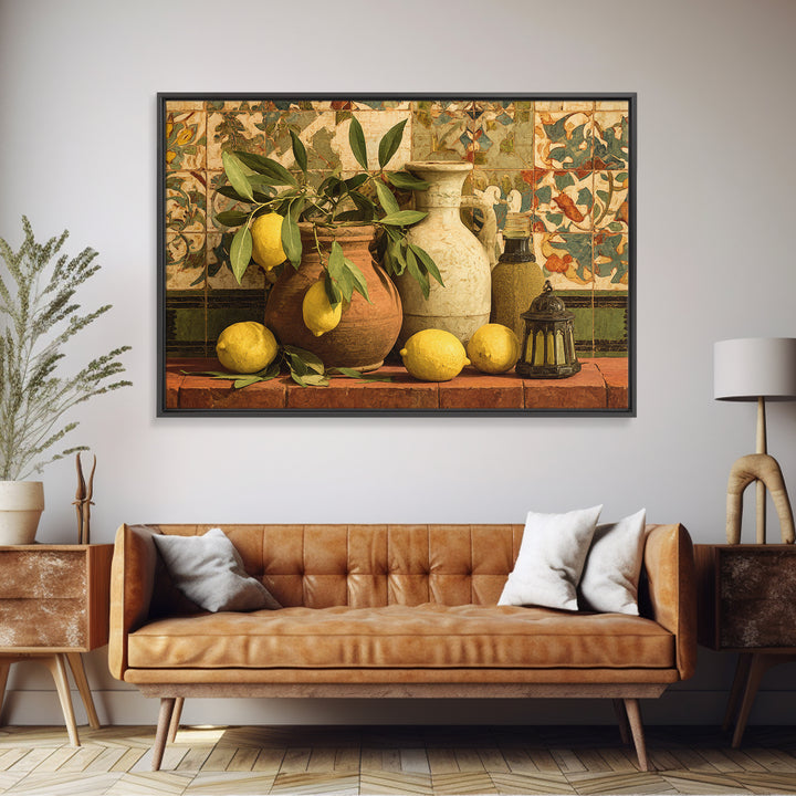 Olive Branch and Lemons on Terracotta Ground Framed Canvas Print, Mediterranean Art, Large Wall Art, Living Room Decor, Azure, MAR-3x2-6
