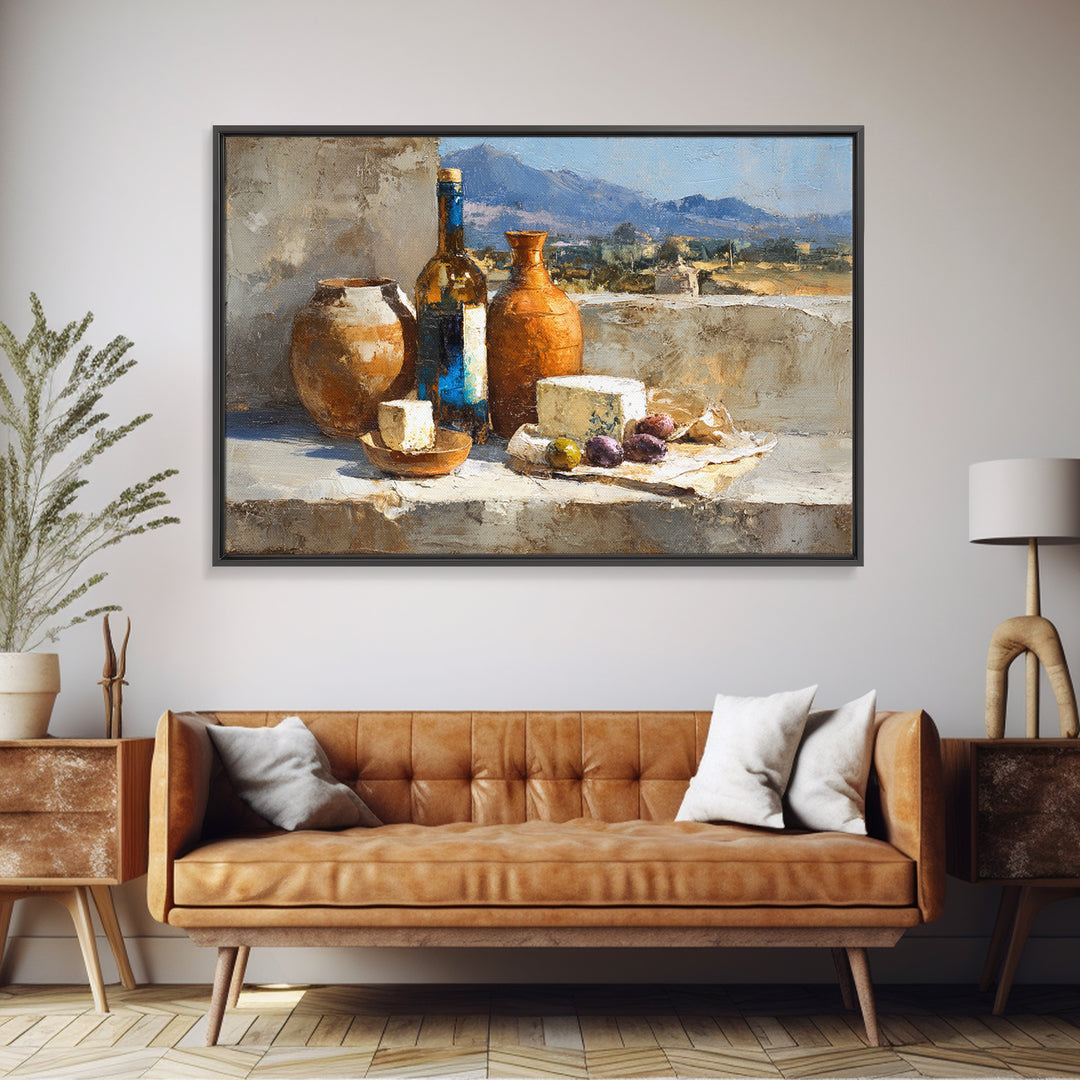 Figs Olives and Cheese Still Life Framed Canvas Print, Mediterranean Art, Minimalist Wall Art, Living Room Decor, Azure, MAR-3x2-60