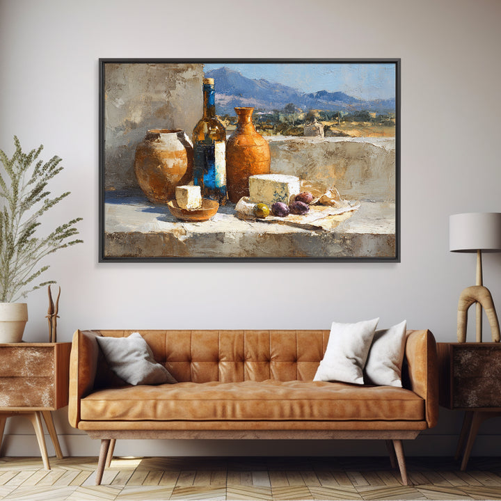 Figs Olives and Cheese Still Life Framed Canvas Print, Mediterranean Art, Minimalist Wall Art, Living Room Decor, Azure, MAR-3x2-60