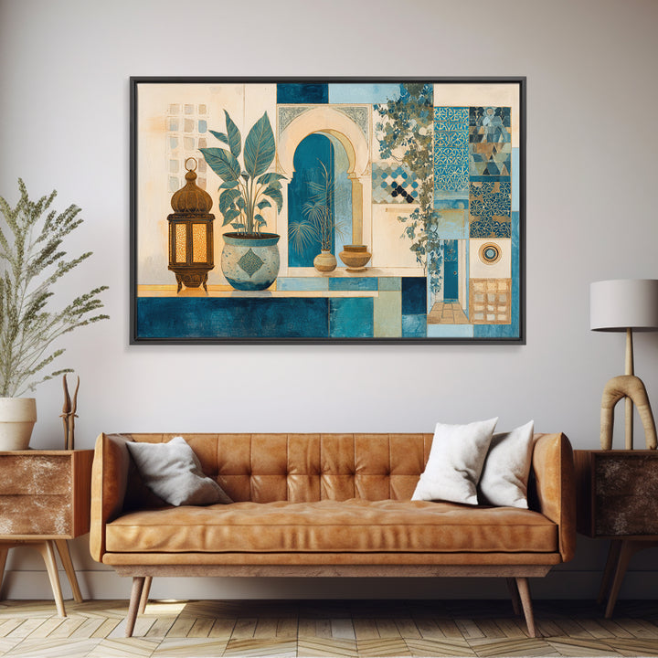 Moroccan Influenced Lantern Canvas Print, Mediterranean Art, Modern Wall Art, Living Room Decor, Oil Painting, Azure, MAR-3x2-61
