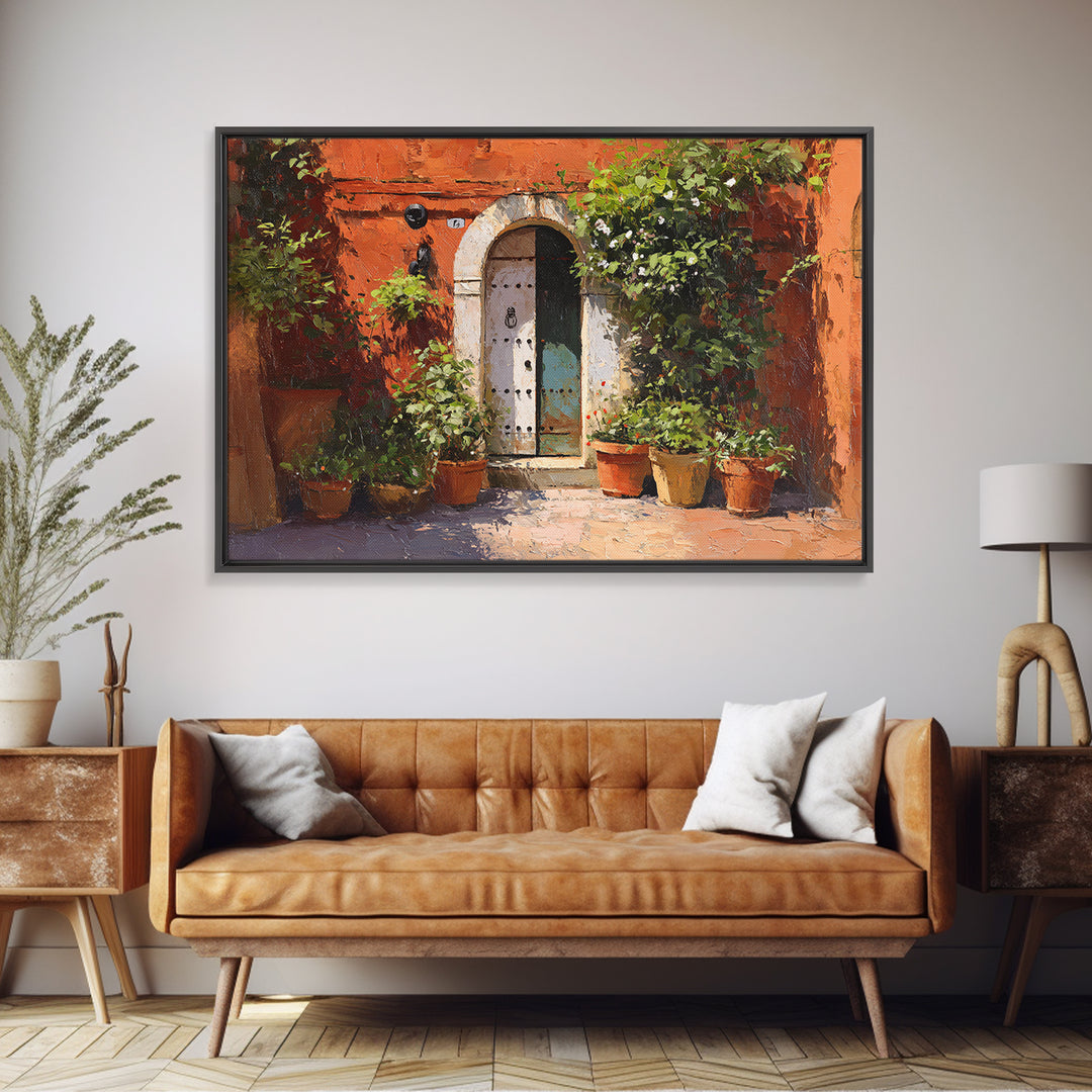 Sunlit Courtyard Doorway Framed Canvas Print, Mediterranean Art, Contemporary Art, Living Room Decor, Oil Painting, Azure, MAR-3x2-63