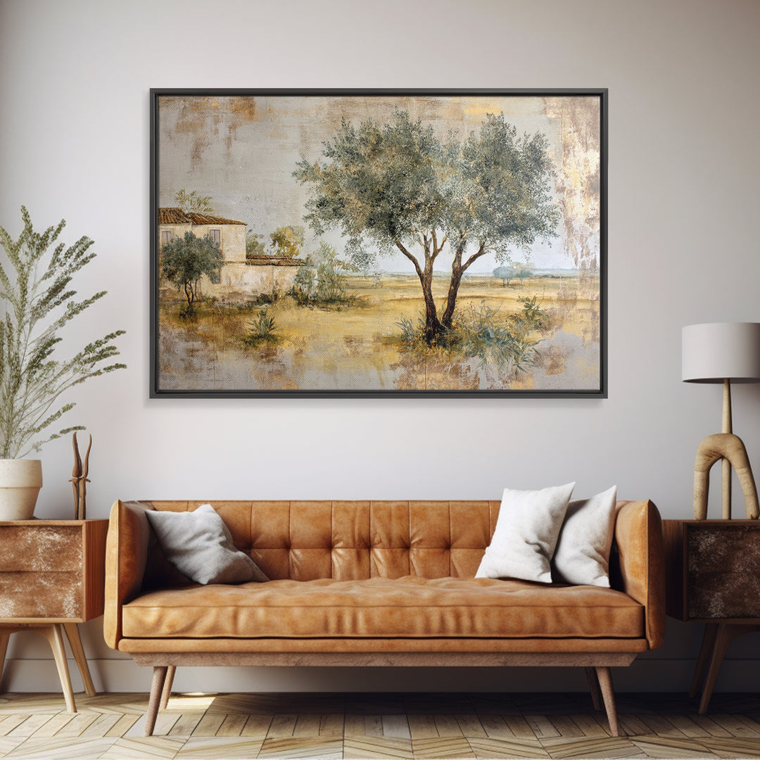Olive Grove under Pale Morning Light Framed Canvas Print, Mediterranean Art, Nautical Decor, Living Room Decor, Fine Art, Azure, MAR-3x2-69