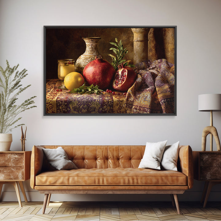 Pomegranate Still Life Framed Canvas Print, Mediterranean Art, Digital Print, Living Room Decor, Watercolor Art, Azure, MAR-3x2-71