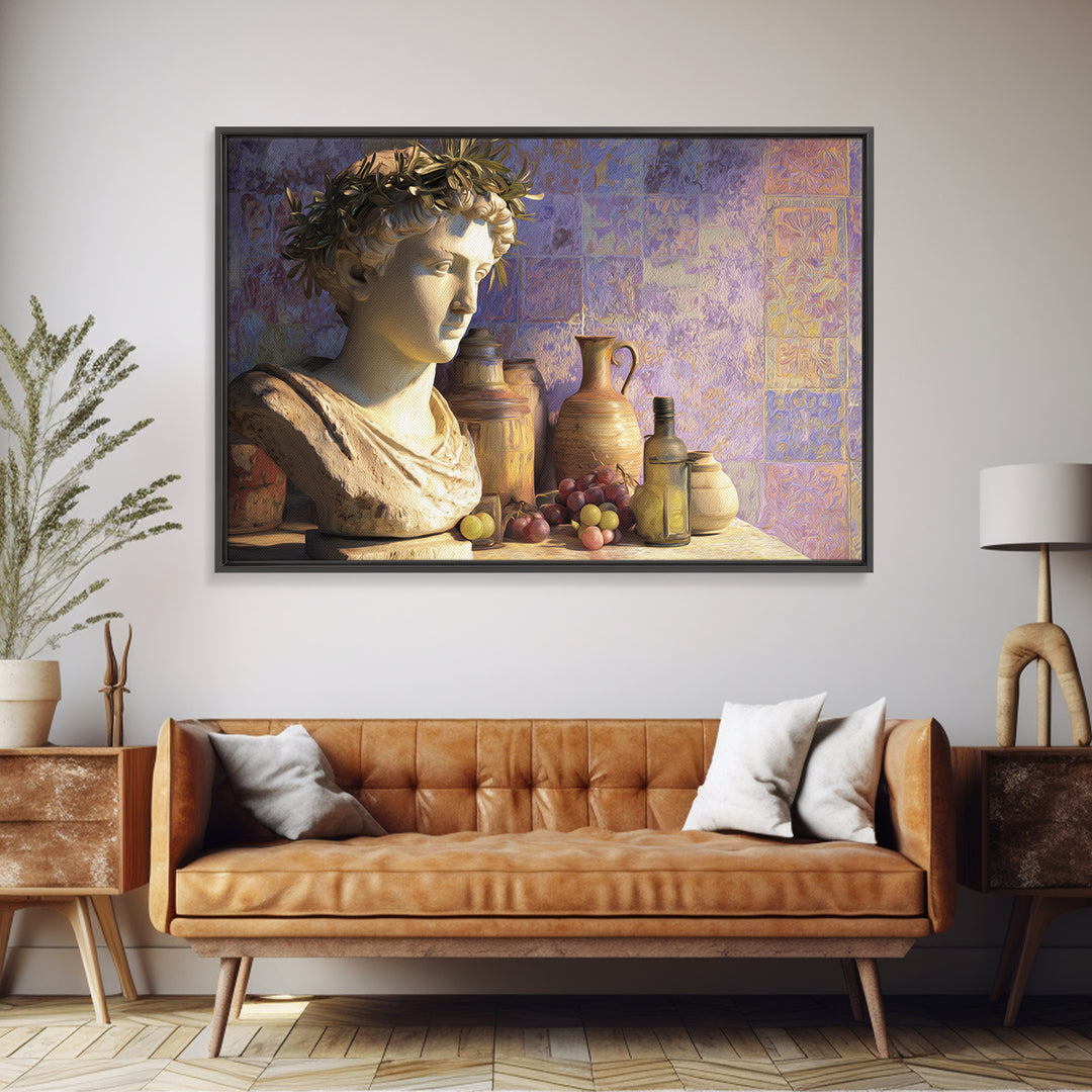 Roman Statue Bust Framed Canvas Print, Mediterranean Art, Farmhouse Decor, Living Room Decor, Oil Painting, Azure, MAR-3x2-74