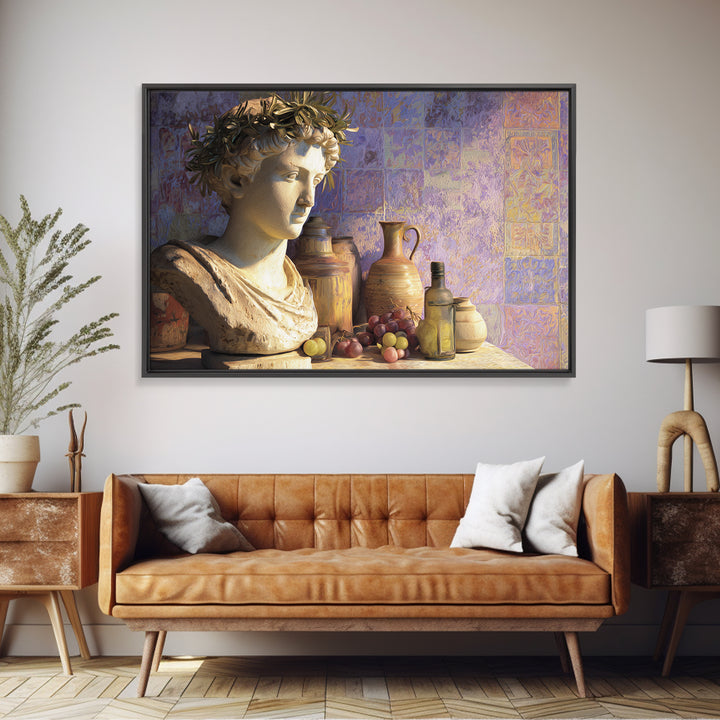 Roman Statue Bust Framed Canvas Print, Mediterranean Art, Farmhouse Decor, Living Room Decor, Oil Painting, Azure, MAR-3x2-74