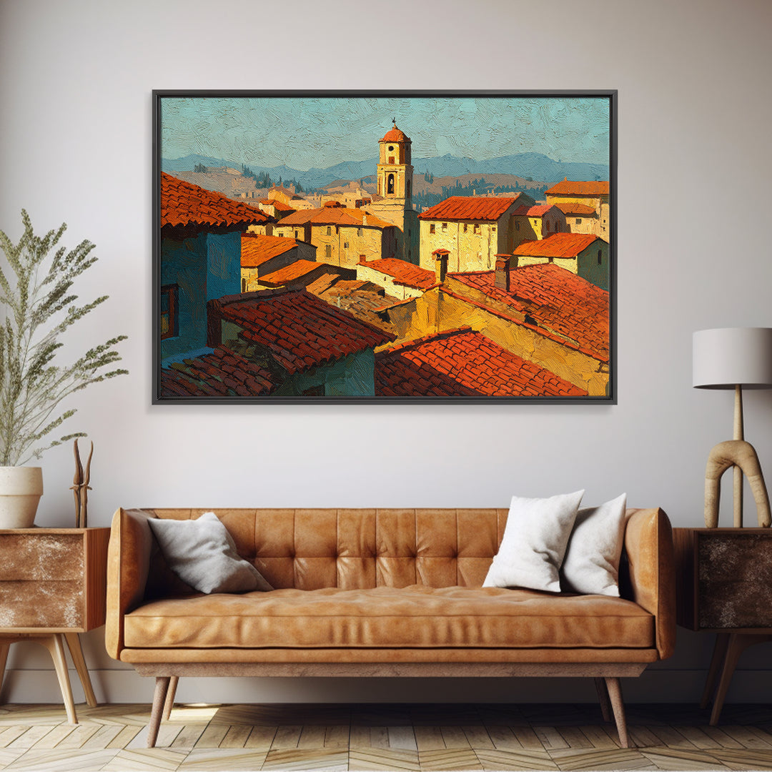 Sunset over Red Tiled Rooftops Canvas Print, Mediterranean Art, Landscape Wall Art, Living Room Decor, Fine Art, Azure, MAR-3x2-75