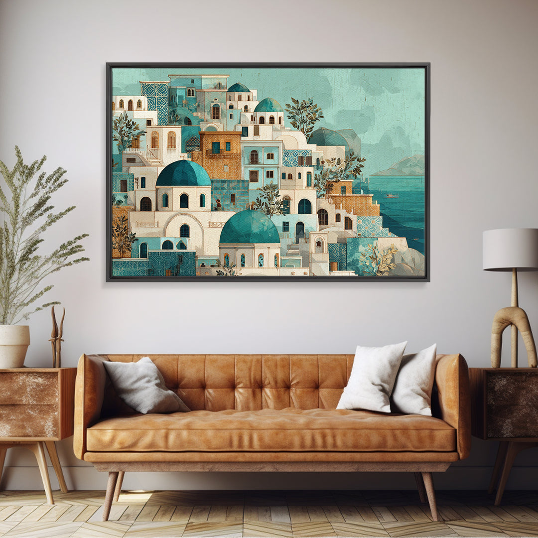 Greek Island White Buildings Above Blue Sea Framed Canvas Print, Mediterranean Art, Coastal Art, Living Room Decor, Azure, MAR-3x2-77
