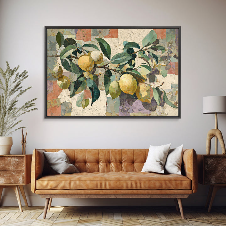 Olive Branch and Lemons on Terracotta Ground Canvas Print, Mediterranean Art, Coastal Wall Art, Living Room Decor, Azure, MAR-3x2-78