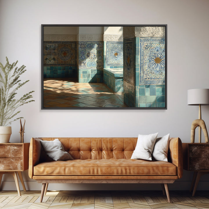 Blue and White Tile Pattern Framed Canvas Print, Mediterranean Art, Original Painting, Living Room Decor, Oil Painting, Azure, MAR-3x2-8