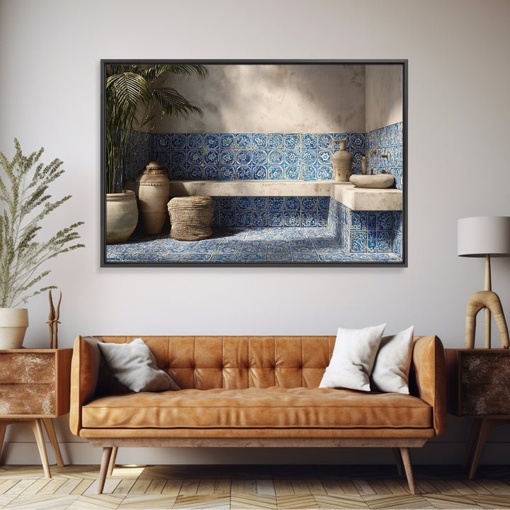 Blue and White Tile Pattern Framed Canvas Print, Mediterranean Art, Landscape Wall Art, Living Room Decor, Watercolor Art, MAR-3x2-80