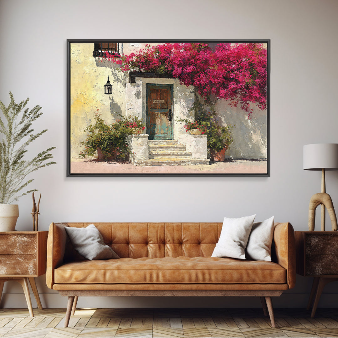 Bougainvillea Cascading over Stone Wall Framed Canvas Print, Mediterranean Art, Watercolor Art, Living Room Decor, Azure, MAR-3x2-81