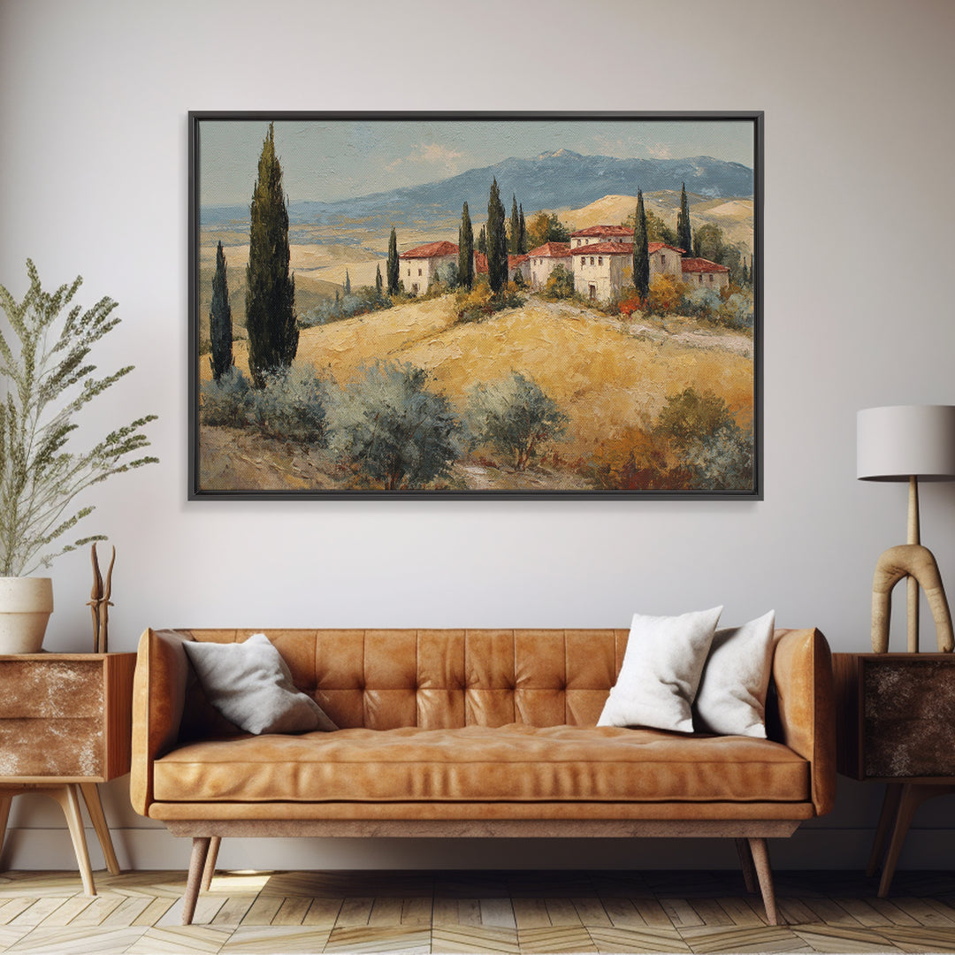 Tuscan Cypress Trees and Golden Hillside Canvas Print, Mediterranean Art, Digital Art Prints, Living Room Decor, Azure, MAR-3x2-82