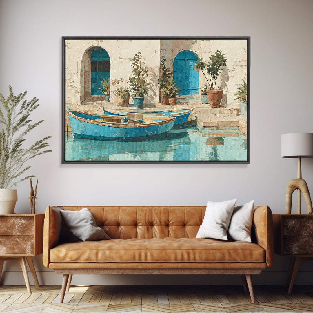 Coastal Fishing Boats Canvas Print, Mediterranean Art, Neutral Decor, Living Room Decor, Fine Art, Azure, Home Decor, MAR-3x2-83