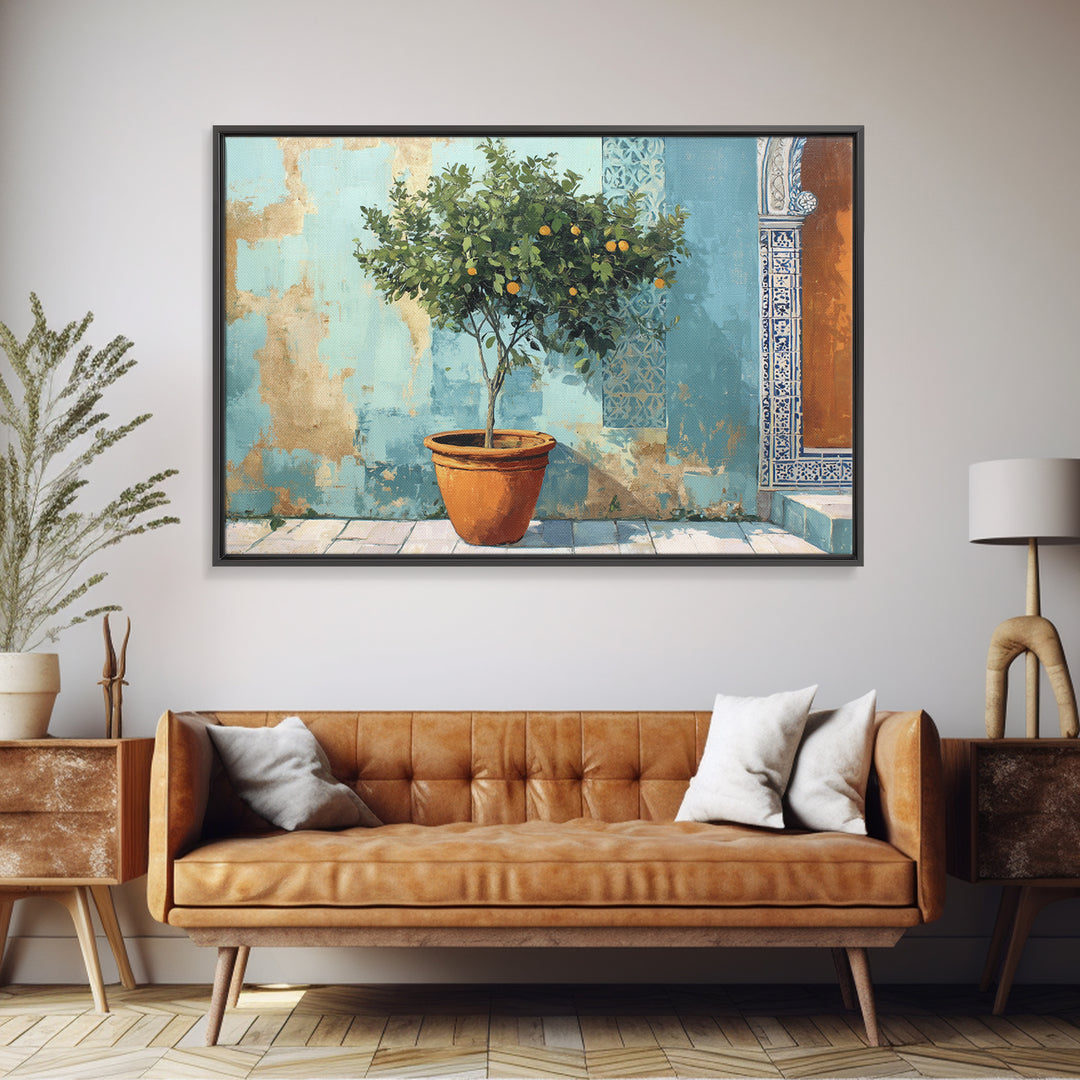 Citrus Tree in Clay Pot Framed Canvas Print, Mediterranean Art, Watercolor Painting, Living Room Decor, Fine Art, Azure, MAR-3x2-86