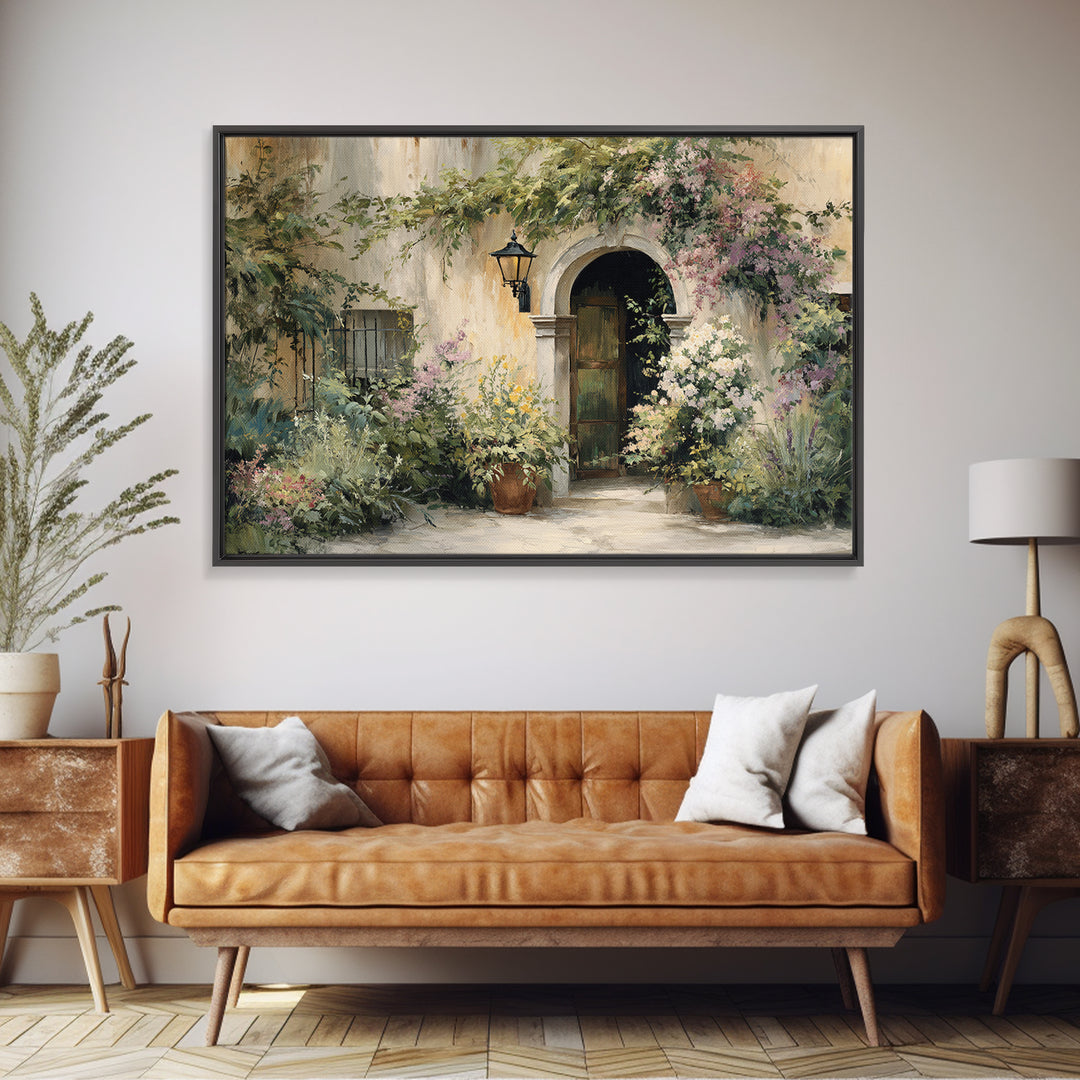 Sunlit Courtyard Doorway Framed Canvas Print, Mediterranean Art, Landscape Painting, Living Room Decor, Fine Art, Azure, MAR-3x2-87