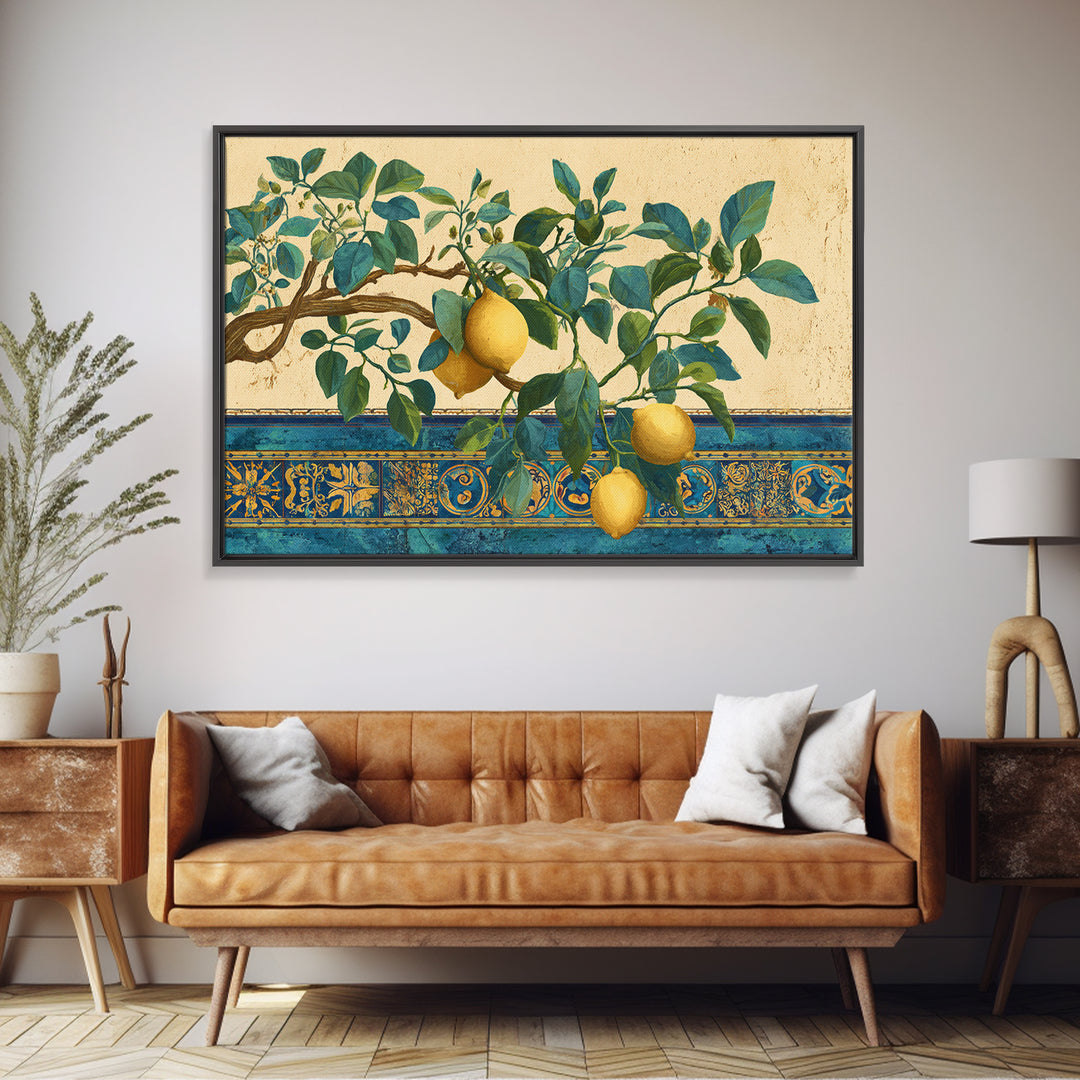 Sicilian Lemon Branch on Ivory Background Canvas Print, Mediterranean Art, Minimalist Wall Art, Living Room Decor, Azure, MAR-3x2-89