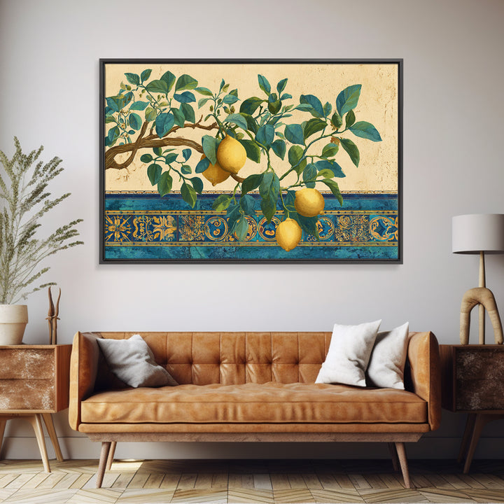 Sicilian Lemon Branch on Ivory Background Canvas Print, Mediterranean Art, Minimalist Wall Art, Living Room Decor, Azure, MAR-3x2-89