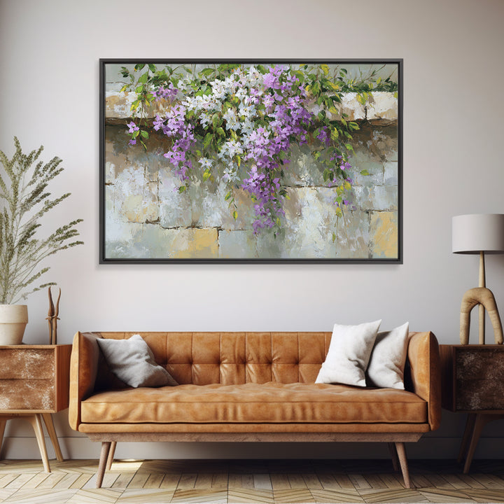 Bougainvillea Cascading over Stone Wall Framed Canvas Print, Mediterranean Art, Digital Print, Living Room Decor, Azure, MAR-3x2-9