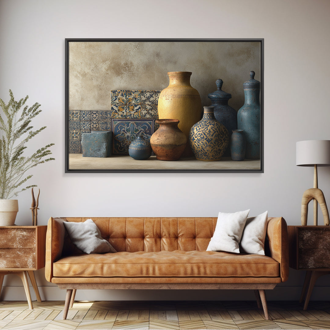 Spanish Tile Ornament Framed Canvas Print, Mediterranean Art, Coastal Wall Decor, Living Room Decor, Fine Art, Azure, MAR-3x2-92