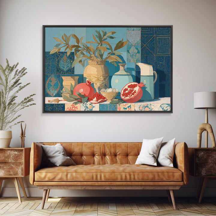 Pomegranate Still Life Framed Canvas Print, Mediterranean Art, Travel Poster, Living Room Decor, Fine Art, Azure, MAR-3x2-95