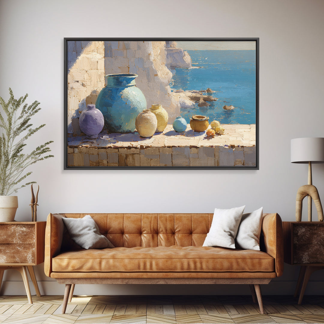 Coastal Cliffs with Sparkling Blue Water Framed Canvas Print, Mediterranean Art, Living Room Art, Living Room Decor, Azure, MAR-3x2-96