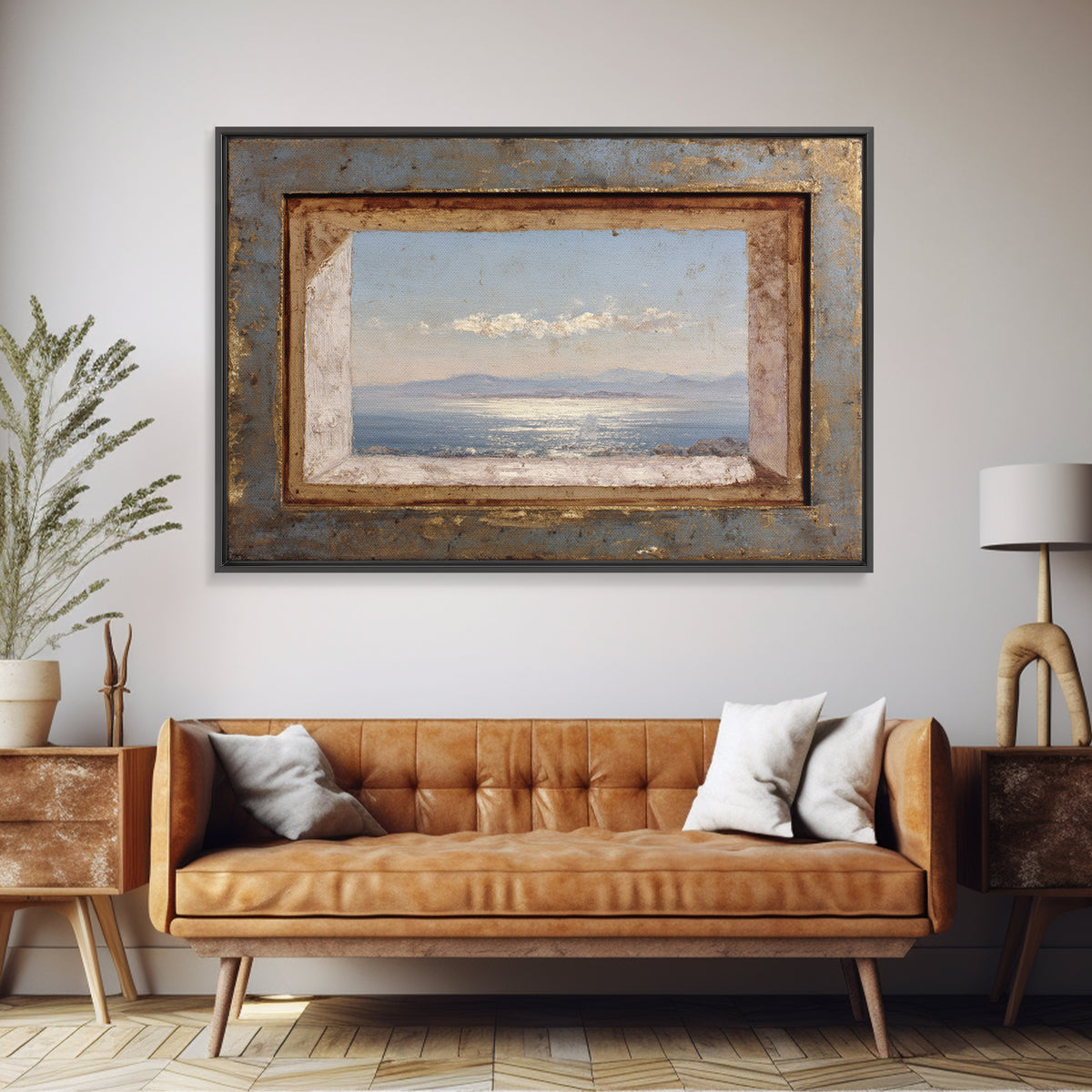 Ceramic Bowl of Oranges and Leaves Framed Canvas Print, Mediterranean Art, Landscape Painting, Living Room Decor, MAR-3x2-97