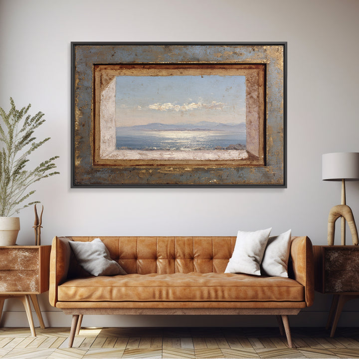 Ceramic Bowl of Oranges and Leaves Framed Canvas Print, Mediterranean Art, Landscape Painting, Living Room Decor, MAR-3x2-97