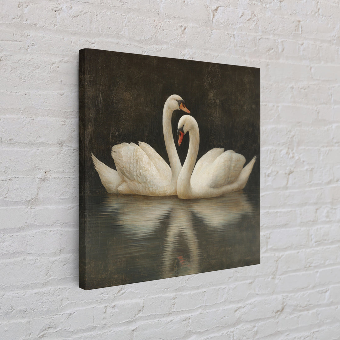 Romantic Swan Pair on Dark Water Canvas Print, Master Bedroom, Farmhouse Wall Decor, Bedroom Decor, Oil Painting, Sanctuary, MAS-1x1-15